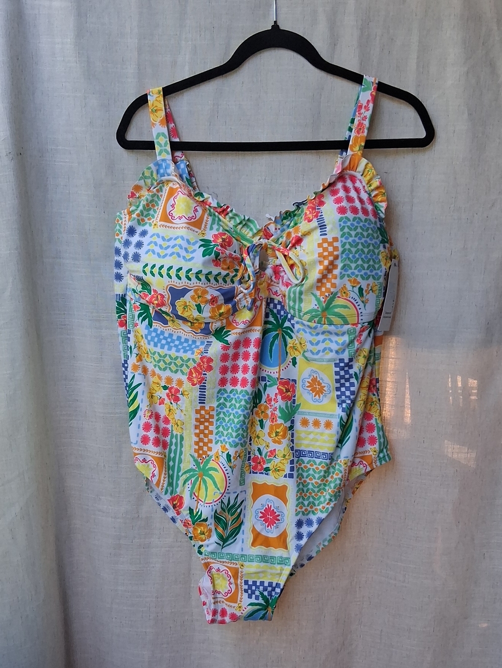 Time and Tru Multicolor Tropical  One-Piece Swimsuit 2X Green Yellow